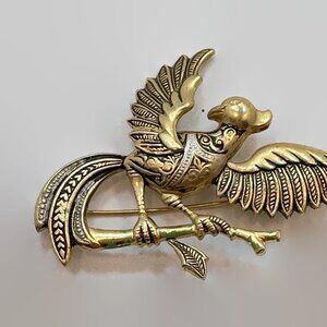 Bird Brooch, Damascene, Gold, Black, Silver Vintage, Pin, Figural, 2" Wide